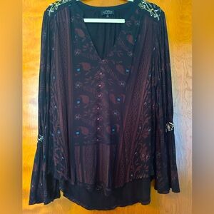 Lucky Brand Black Burgundy with Floral Embroidery Bell Sleeve Blouse, size L